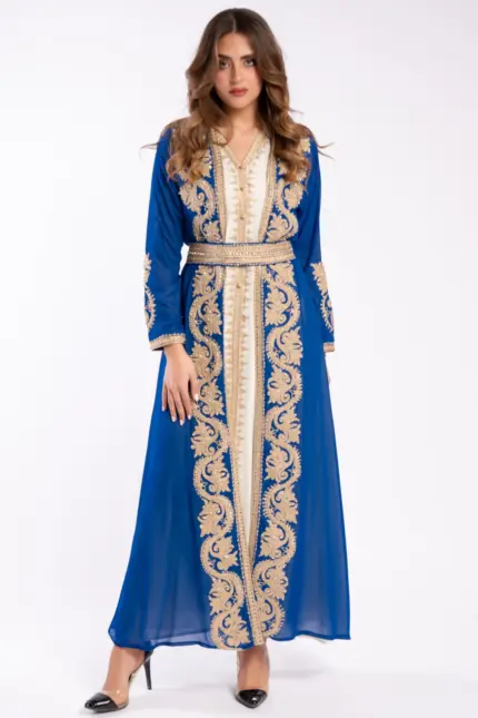 Moroccan kaftan with aghbani embroidery